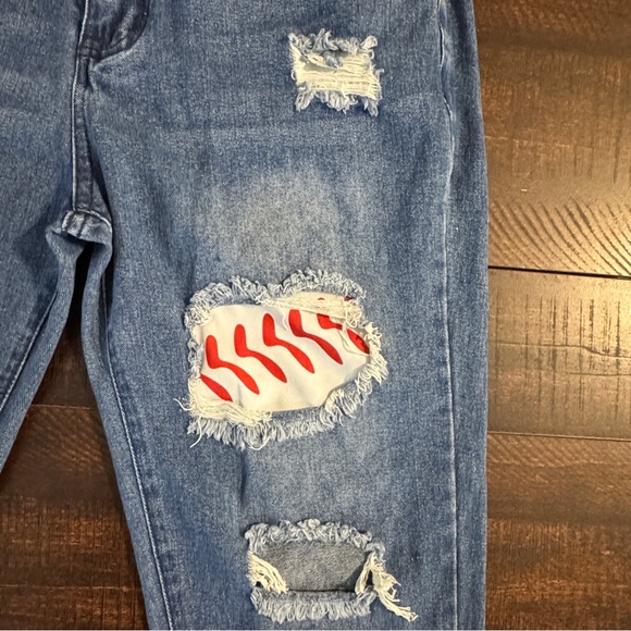 Distressed Baseball Patch Boyfriend Jeans Blue Size 8 - Picture 8 of 17